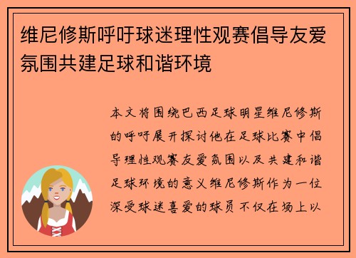 维尼修斯呼吁球迷理性观赛倡导友爱氛围共建足球和谐环境 维尼修斯呼吁球迷理性观赛倡导友爱氛围共建足球和谐环境