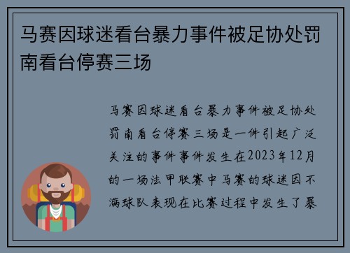马赛因球迷看台暴力事件被足协处罚南看台停赛三场
